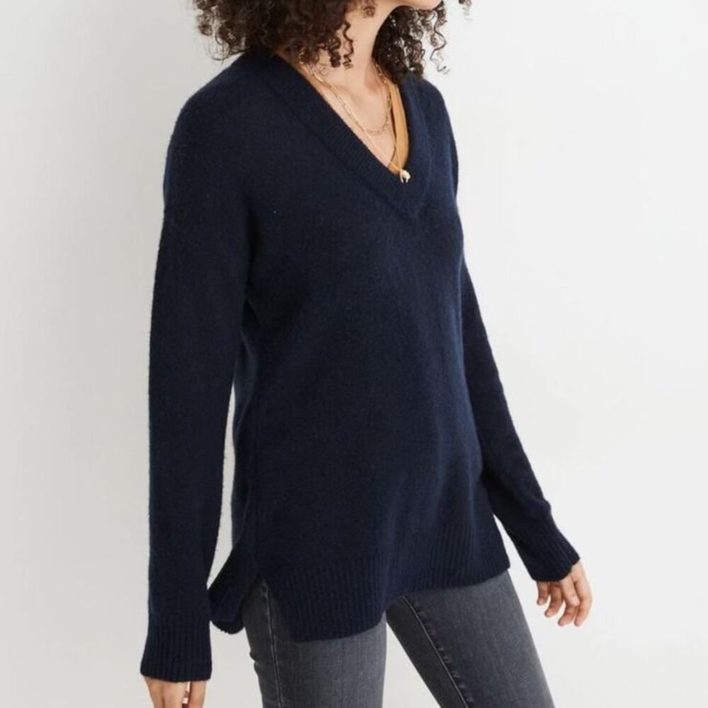 Madewell Bartlett V-Neck Sweater Navy Blue Alpaca Merino Wool Slit Small